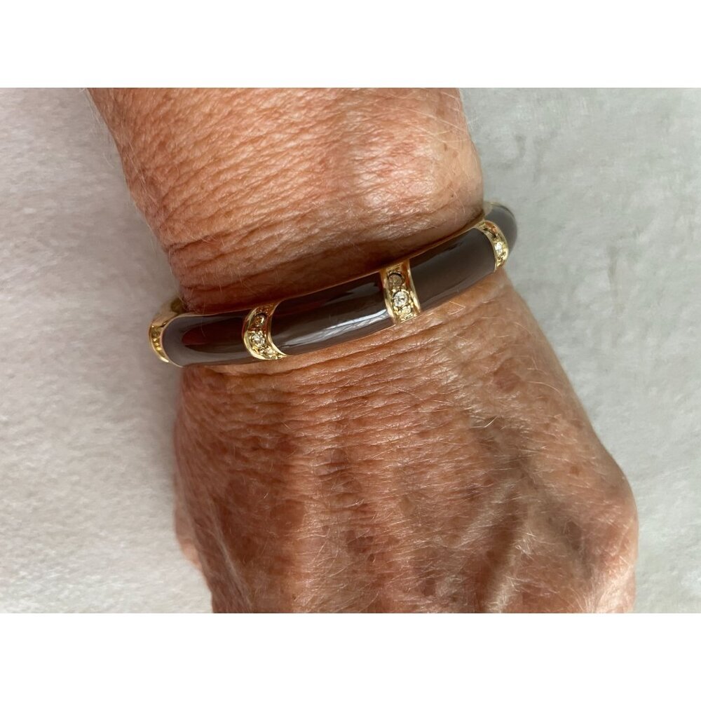 Vintage Brown & Gold-Tone Hinged Bracelet With Rhinestone Accents